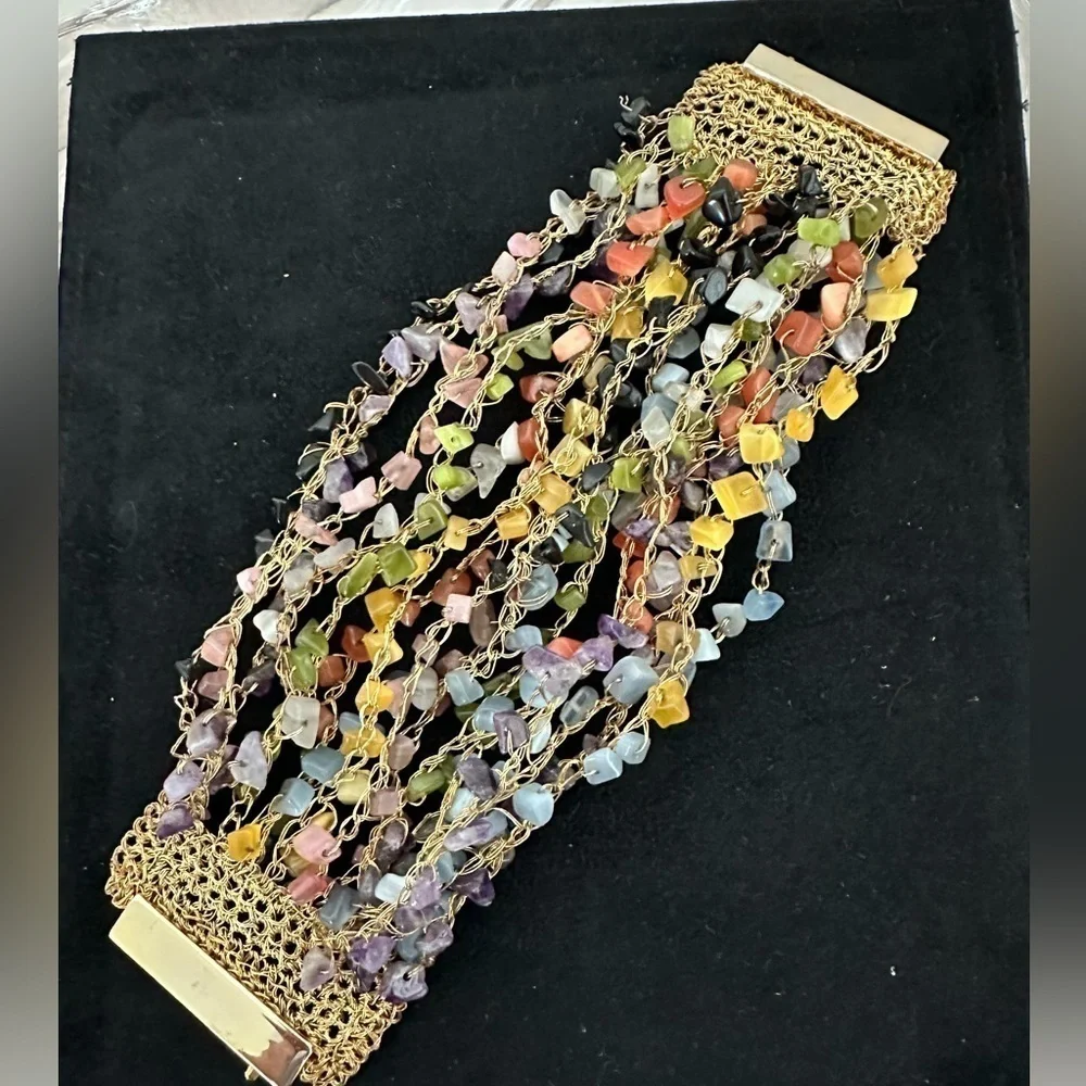 SALE: Bracelet Multi-colored natural stones strung on gold woven wire. 4” wide